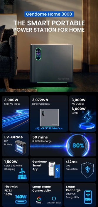 GENDOME HOME 3000 | 3072WH / 3000W / 6000W + PLACA SOLAR 200 WATTS