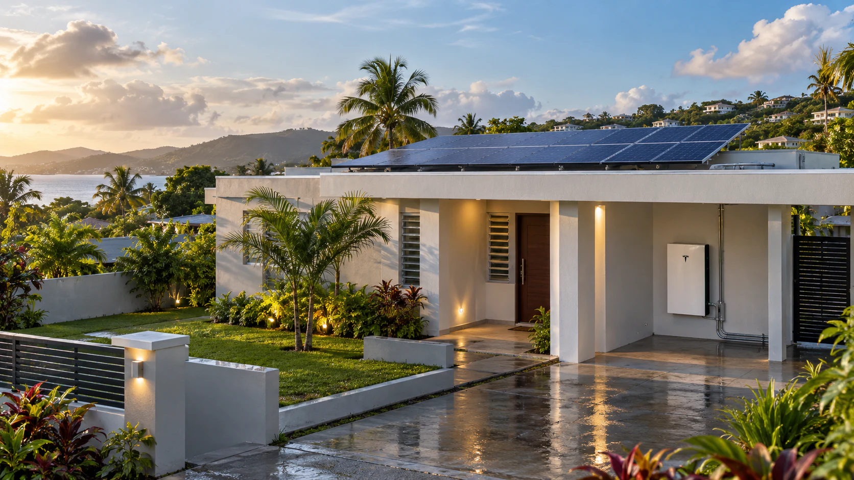 Casa puertorriqueña de concreto con placas solares y batería Tesla Powerwall