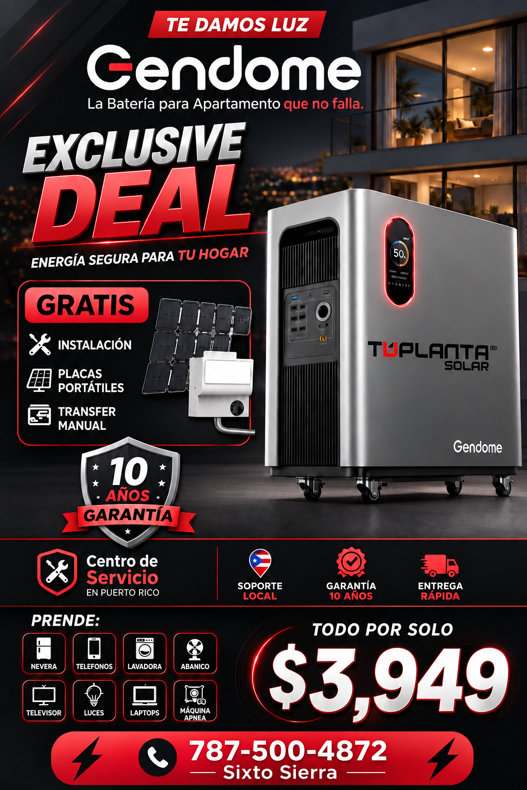 Oferta del mes Gendome por $3,949 con instalación, placas portátiles y transfer manual gratis